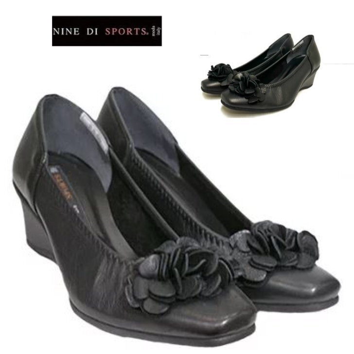 痛くないめっちゃ柔らか 本革 22.5 NINE DI SPORTS 2560 黒 ナインデスポーツ 婦人 レディース ウエッジ パンプス コサージュ 船底 婦人靴拍卖