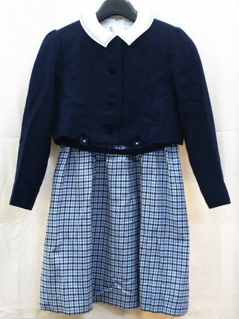 中古 子供服【FAMILIAR ファミリア】140サイズ 半袖ワンピース+ジャケット 青チェック×紺 ボレロ 襟付 スカート 女の子用拍卖