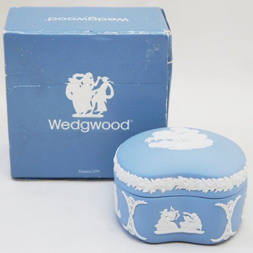 中古 美品 箱付【WEDGWOOD ウェッジウッド】ジャスパー ブルー BEAN BOX ボックス 小物入れ 167g拍卖