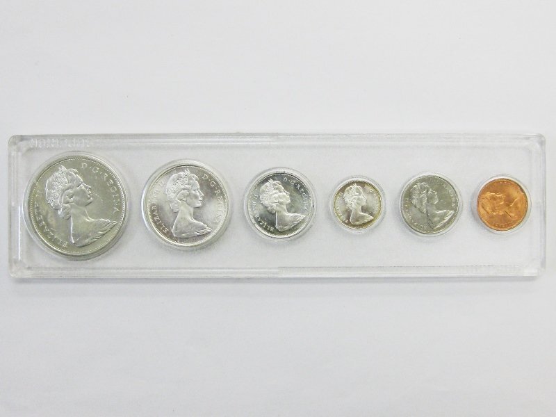 古銭【カナダ 銀貨 1965製造貨幣6点セット】ミント コイン 1ドルカヌー 50セント カナダ王室紋章 クォーター カリブー ヨットビーバー拍卖