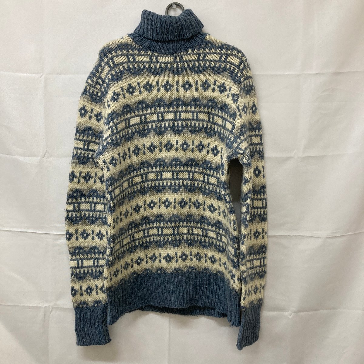 D175 クリッパー L ユーロ古着 デンマーク製 タートルネック フェアアイル柄 ニットセーター ブルー×アイボリー CLIPPER メンズ拍卖