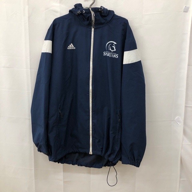 B605 アディダス XL アメリカ古着 ポリエステル 長袖 フード付きナイロンジャケット ネイビー adidas メンズ拍卖