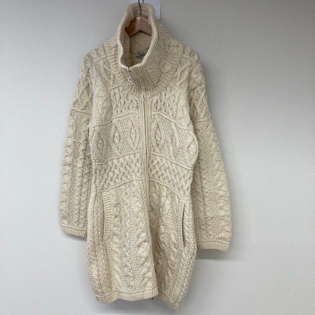 B661-ブラーニーズ S アイルランド製 ユーロ古着 メリノウール 長袖 ニットワンピース アイボリー BLARNEY レディース拍卖