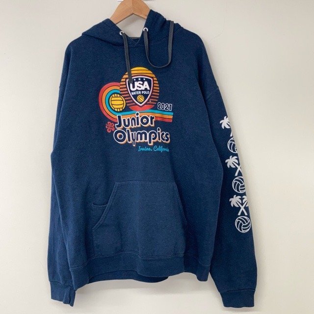 B675 ジュニアオリンピック アメリカ古着 コットンポリ 長袖 プリント パーカー ネイビー USA メンズ拍卖