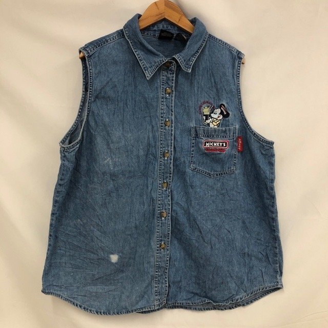 C512 ミッキーアンリミテッド XL アメリカ古着 デニム 刺繍 ノースリーブ シャツ ブルー Mickey レディース拍卖