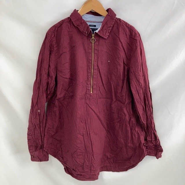 C597 トミーヒルフィガー XL アメリカ古着 リネン 長袖 シャツ ボルドー TOMMY HILFIGER レディース拍卖