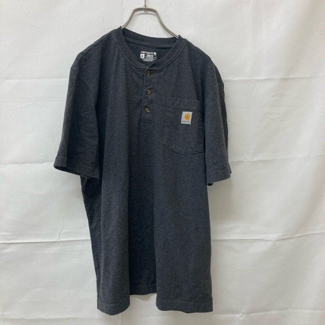 D37 カーハート M アメリカ古着 2021年 コットンポリ 半袖 ヘンリーネックTシャツ チャコールグレー Carhartt メンズ拍卖