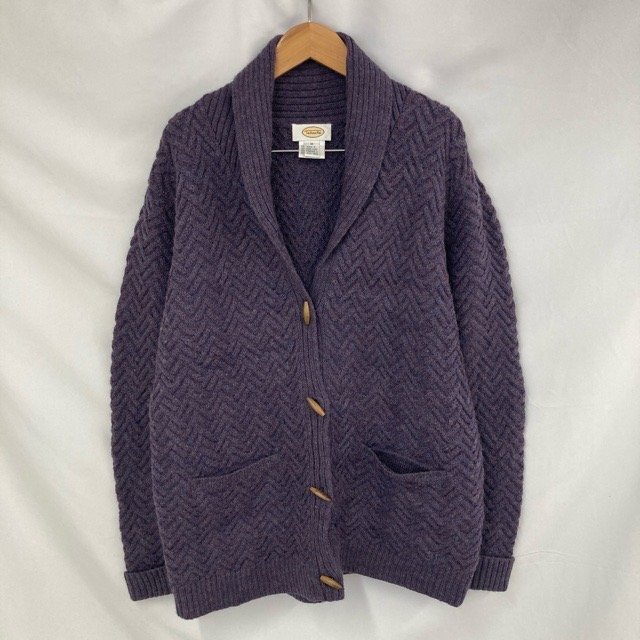 D350 タルボッツ M アメリカ古着 香港製 ウール100% ショールカラー ニットカーディガン パープル Talbots レディース拍卖