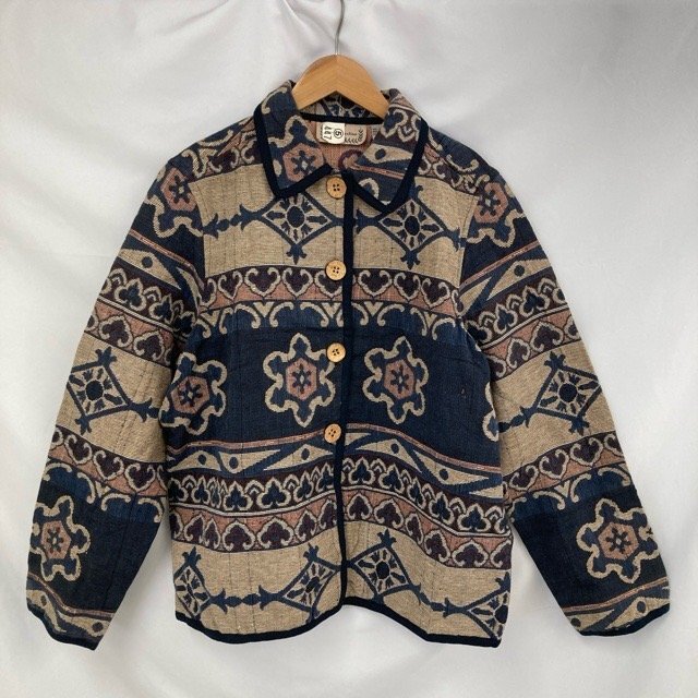 D342 コレクション L アメリカ古着 インド製 花柄 コットン 長袖シャツ ネイビー Collection レディース拍卖