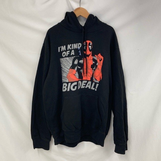 D378 マーベル M アメリカ古着 コットンポリ プリント 裏起毛 プルオーバー パーカー ブラック MARVEL メンズ拍卖