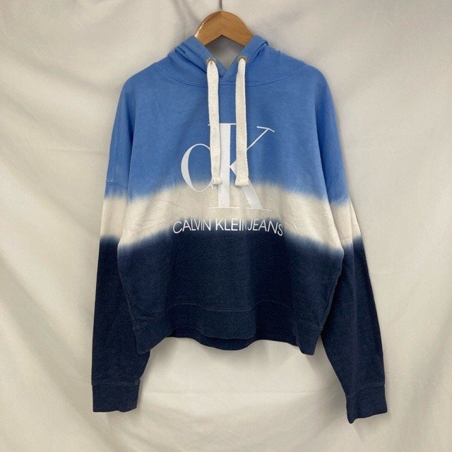D362 カルバンクライン S アメリカ古着 タイダイ コットンポリ プルオーバー パーカー ブルー Calvin Klein Jeans レディース拍卖