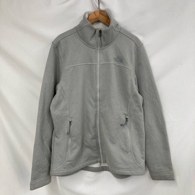 D382 ザノースフェイス L アメリカ古着 ポリエステル 裏起毛 フリース スタンドカラージャケット グレー THE NORTH FACE レディース拍卖