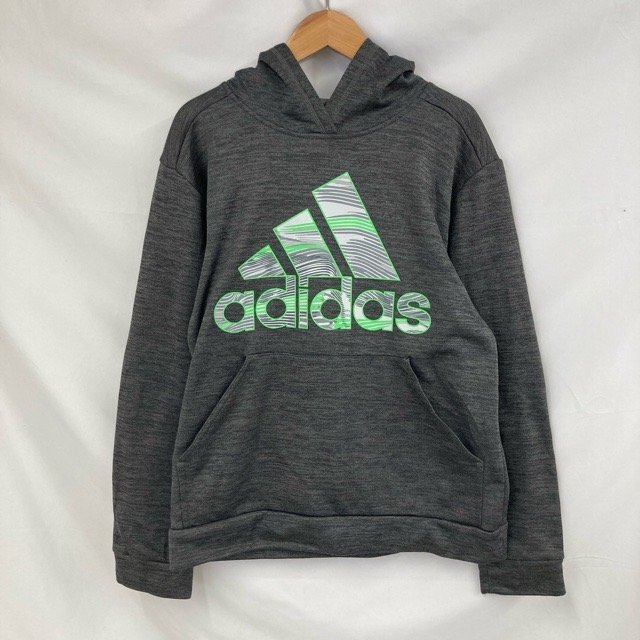 D377 アディダス アメリカ古着 フリース裏地 コットンポリ 裏起毛 プリント パーカー チャコールグレー adidas レディース拍卖