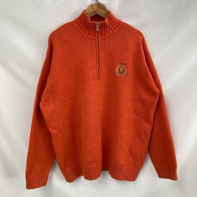A571 ローレンラルフローレン M アメリカ古着 コットン 刺繍ロゴ ニットセーター オレンジ LAUREN RALPH LAUREN メンズ拍卖