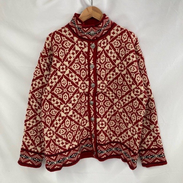 A568 エルエルビーン S アメリカ古着 USA製 ウールナイロン ノルディック柄 ニットカーディガン レッド L.L.Bean レディース拍卖