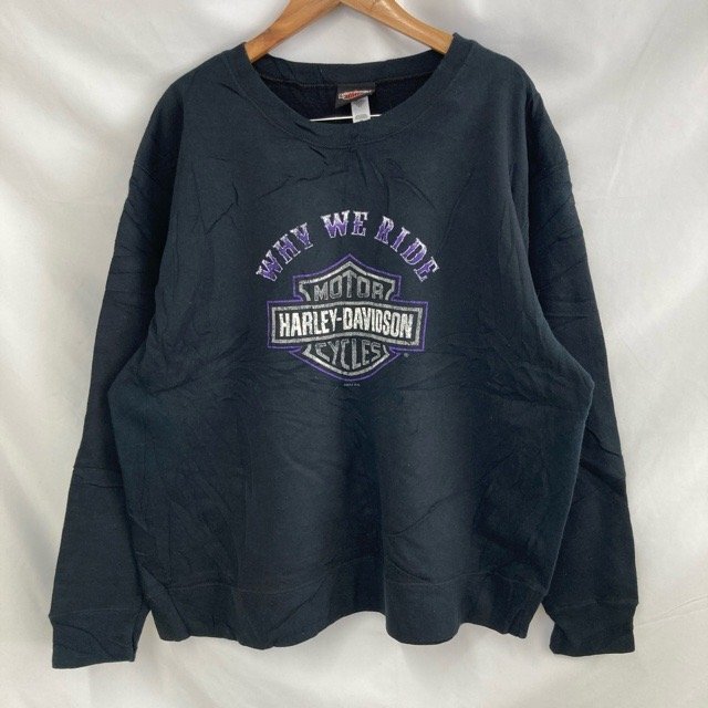 B754 ハーレーダビッドソン 2XL アメリカ古着 メキシコ製 プリント コットンポリ 裏起毛 長袖スウェット ブラック HARLEY-DAVIDSON メンズ拍卖