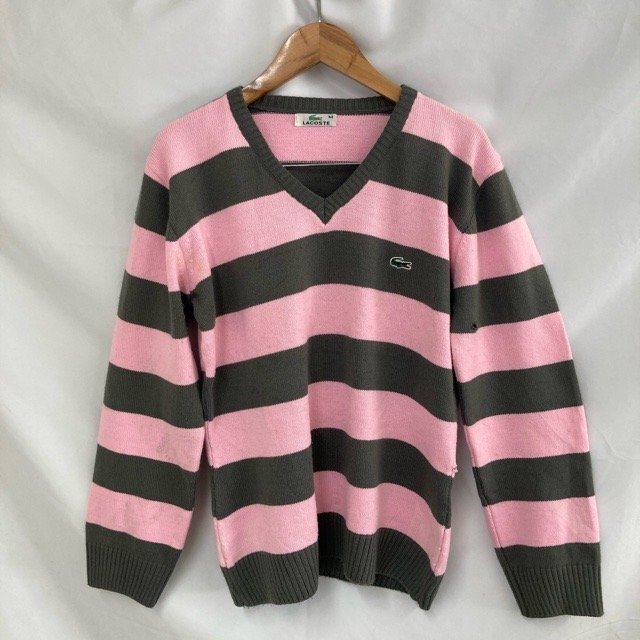 B798 ラコステ M ユーロ古着 コットンライクラ ボーダー Vネックニット ピンク×グレー LACOSTE レディース拍卖