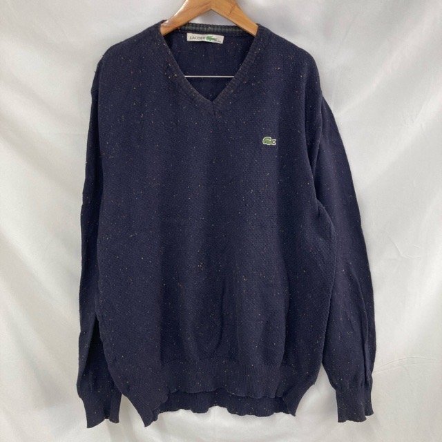 B795 ラコステ XXL ユーロ古着 フランス製 コットン Vネック ニットセーター ネイビー LACOSTE メンズ拍卖