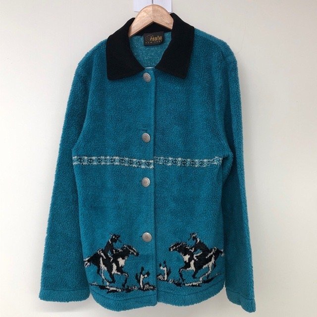 B4 デイビッドポール S アメリカ古着 ウエスタン柄 アクリルポリ 長袖 ニットジャケット ターコイズブルー David Paul レディース拍卖