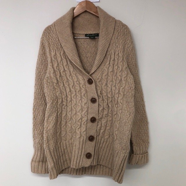 B27 エディーバウアー M アメリカ古着 ショールカラー ウール混 長袖 カーディガン ベージュ Eddie Bauer レディース拍卖