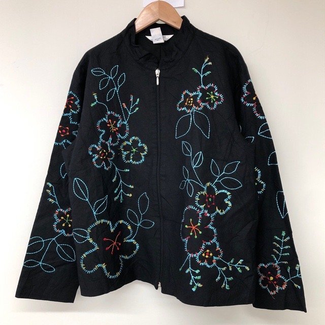 B50 ストーンブリッジ M アメリカ古着 花柄刺繍 リネンレーヨン ジップジャケット ブラック STONEBRIDGE レディース拍卖