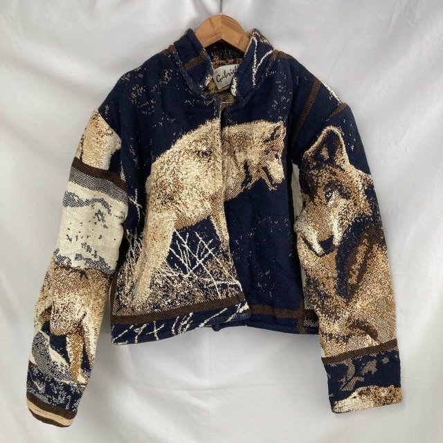 C709 ガブリエラズ L アメリカ古着 USA製 コットン ウルフ柄 風景画 ジャケット ネイビー Gabriella’s レディース拍卖