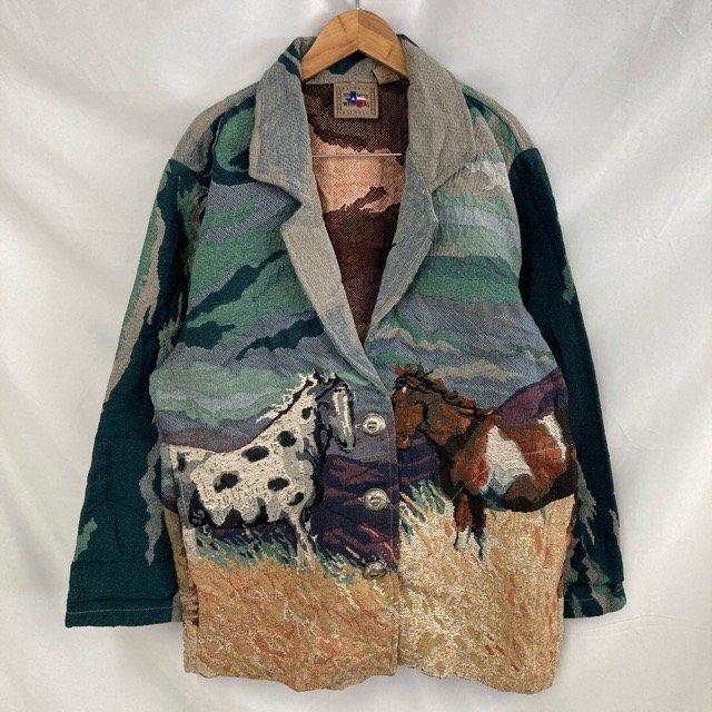 C710 ドントメスウィズテキサス M アメリカ古着 馬柄 風景画 コットン ジャカードジャケット グリーン DON'T MESS WITH TEXAS レディース拍卖