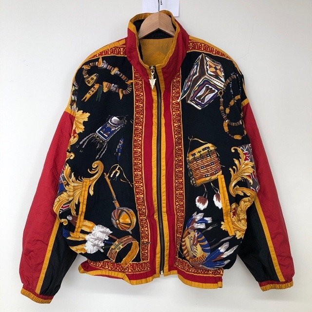 A585 イーストウエスト M ユーロ古着 総柄 クレイジーパターン レーヨン混 長袖 ジャケット ブラック EAST WEST レディース拍卖