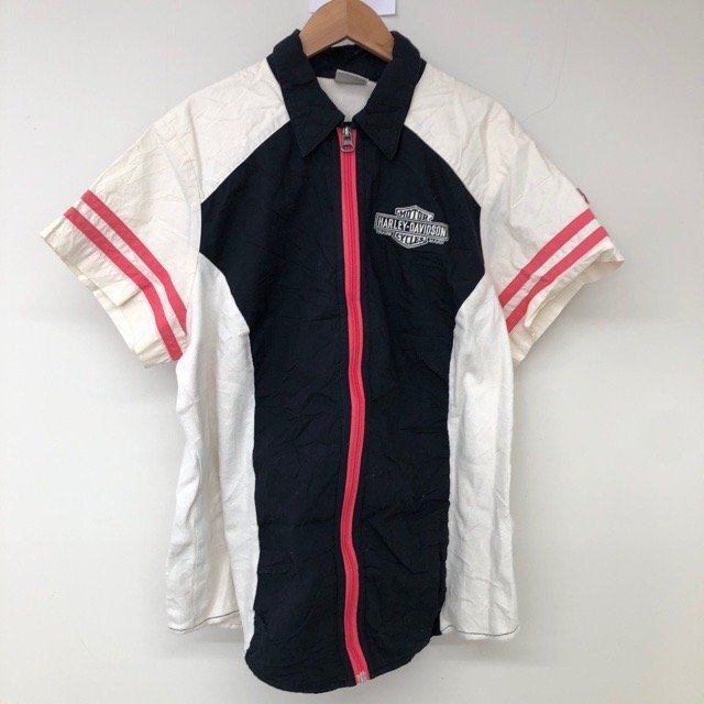 A1467 ハーレーダビッドソン 1W アメリカ古着 2010年代 刺繍 コットン 半袖 ジップシャツ ブラック HARLEY レディース拍卖