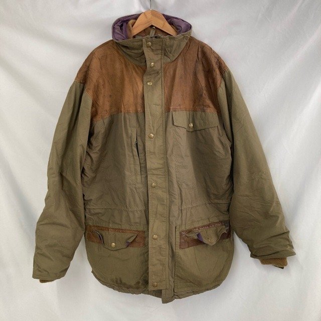 D435 ウールリッチ L アメリカ古着 USA製 レザー切替 コットン ハンティングジャケット コート カーキ Woolrich メンズ拍卖