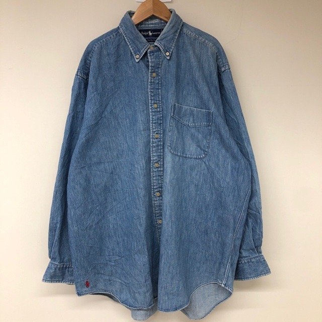 E6 ラルフローレン L アメリカ古着 長袖 デニムシャツ ブルー Ralph Lauren ビックシャツ メンズ拍卖