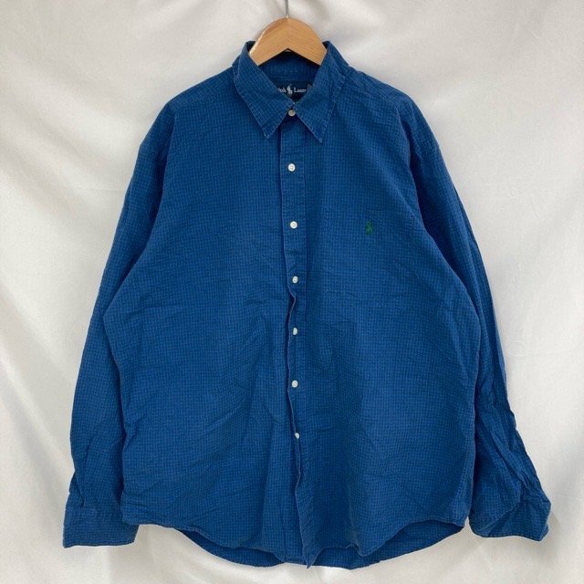 E77 ラルフローレン L アメリカ古着 チェック コットン 長袖 シャツ ブルー Ralph Lauren メンズ拍卖