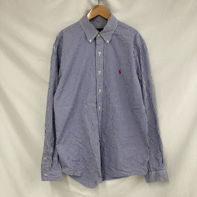 E75 ラルフローレン L アメリカ古着 ストライプ コットン 長袖 シャツ ブルー Ralph Lauren メンズ拍卖