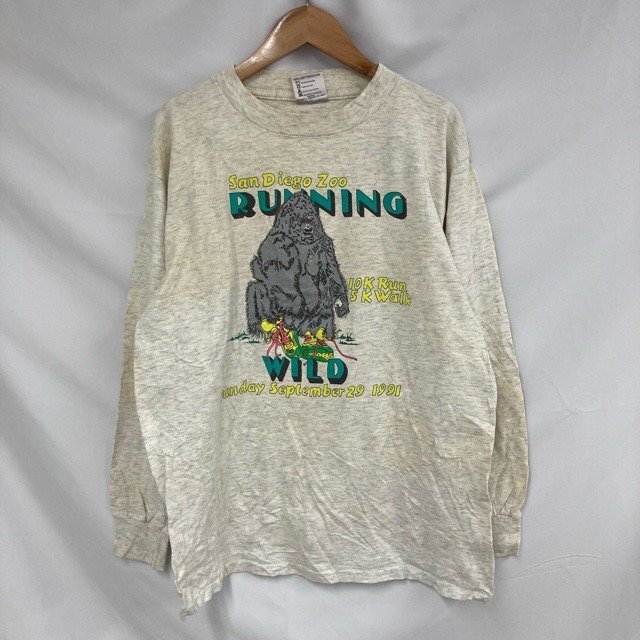 E74 オニータ L アメリカ古着 USA製 プリント コットン 長袖 Tシャツ オートミール ONEITA メンズ拍卖