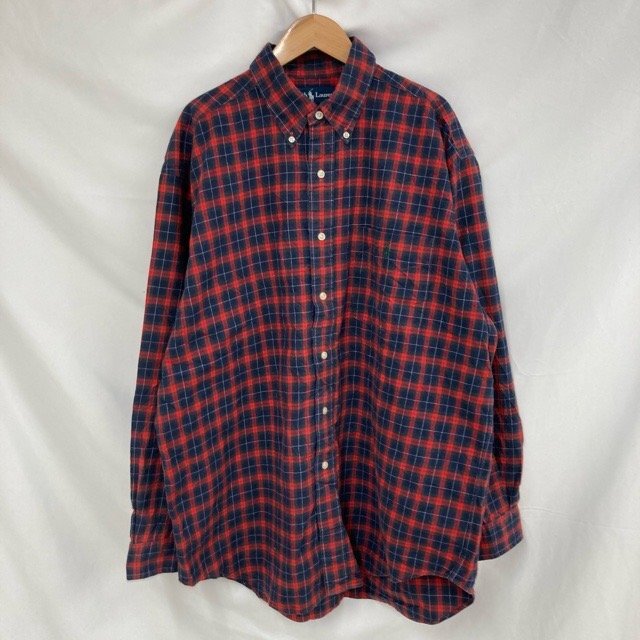 E59 ラルフローレン L アメリカ古着 チェック コットン 長袖 シャツ レッド Ralph Lauren メンズ拍卖