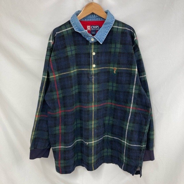 E73 チャップスラルフローレン L アメリカ古着 襟デニム チェック コットン 長袖 シャツ ネイビー CHAPS RALPH LAUREN メンズ拍卖