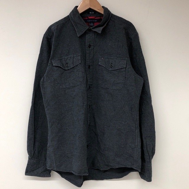 E27 トミーヒルフィガー M アメリカ古着 コットン やや厚手 長袖 シャツ ダークグレー TOMMY HILFIGER メンズ拍卖