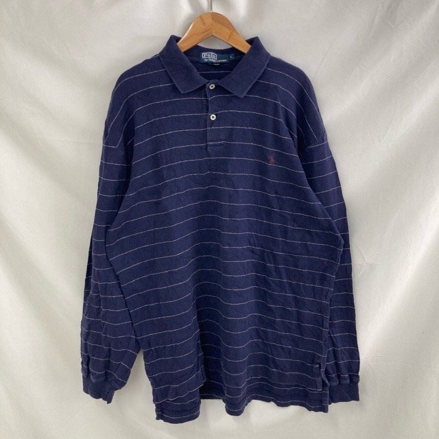 A2021 ポロラルフローレン L アメリカ古着 長袖 コットン ボーダー ポロシャツ ストレッチ ネイビー POLO RALPH LAUREN メンズ拍卖