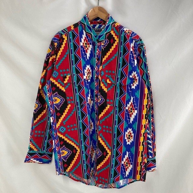 A2014 プレーンズマン L アメリカ古着 長袖 コットン ネイティブ柄 シャツ レッド PLAINSMAN メンズ拍卖