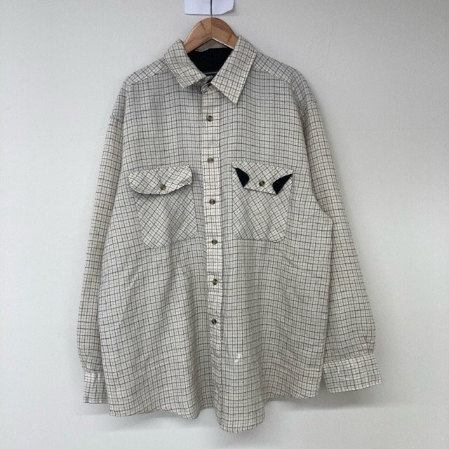 B3-27 デビッドテイラー L アメリカ古着 アクリル混 長袖 チェックシャツ ベージュ DAVIDTAYLOR メンズ拍卖