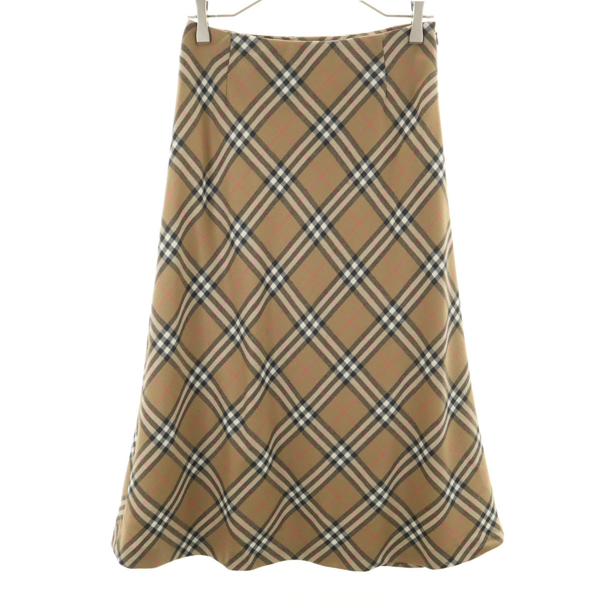 BURBERRY バーバリー ウール チェック柄 ミモレ丈 フレアスカート 38 ベージュ 三陽商会 レディース拍卖