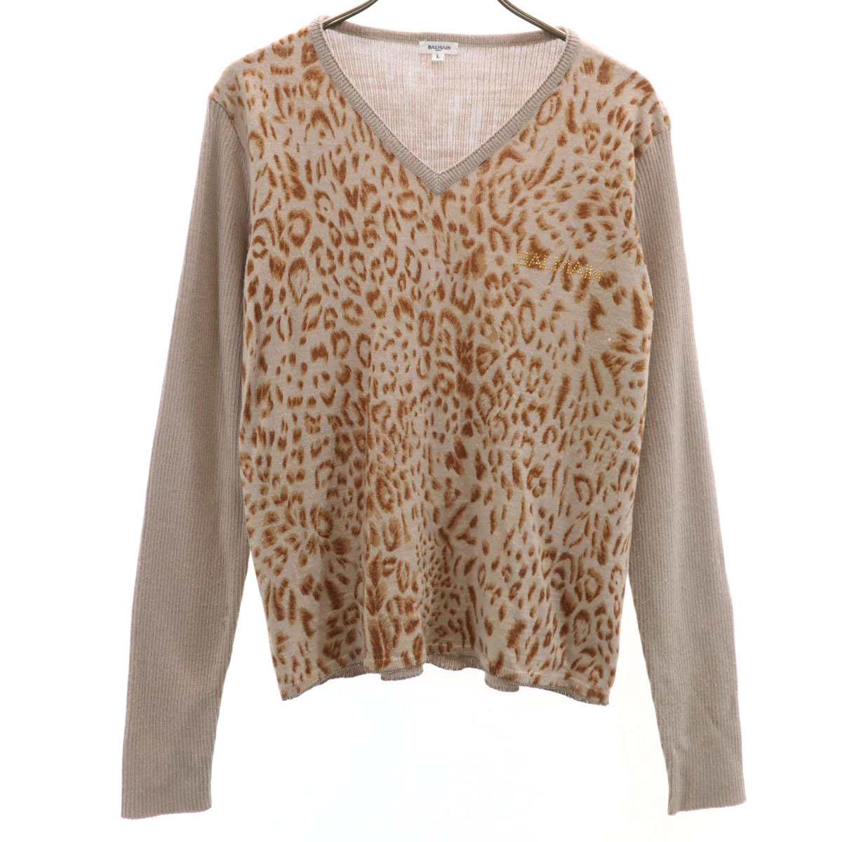 BALMAIN バルマン レオパード 長袖 Vネック ニット L ベージュブラウン系 セーター レディース拍卖