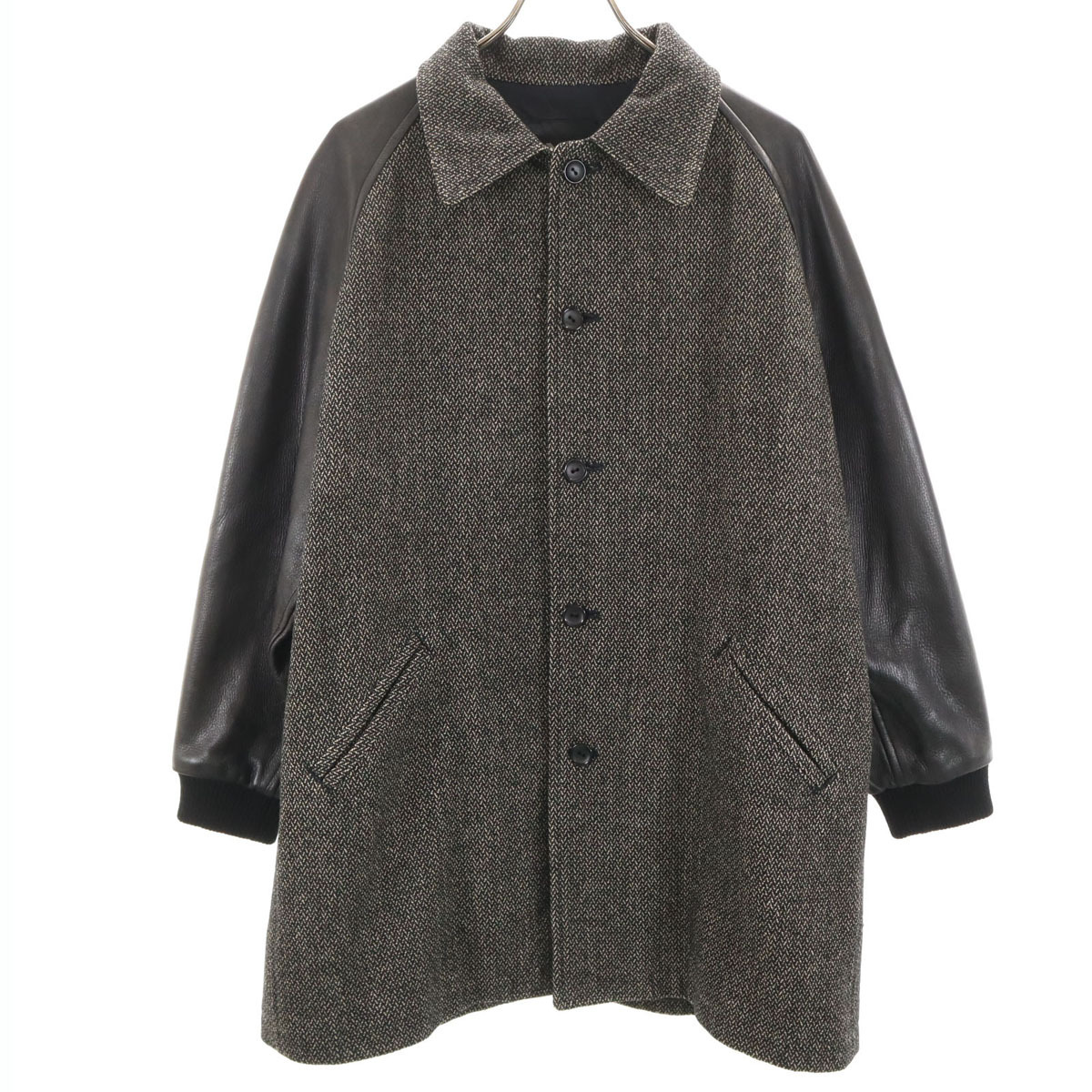 Y's ワイズ 80s ヴィンテージ 鹿革 レザー切替 ウール ステンカラーコート ブラック ヨウジヤマモト メンズ拍卖