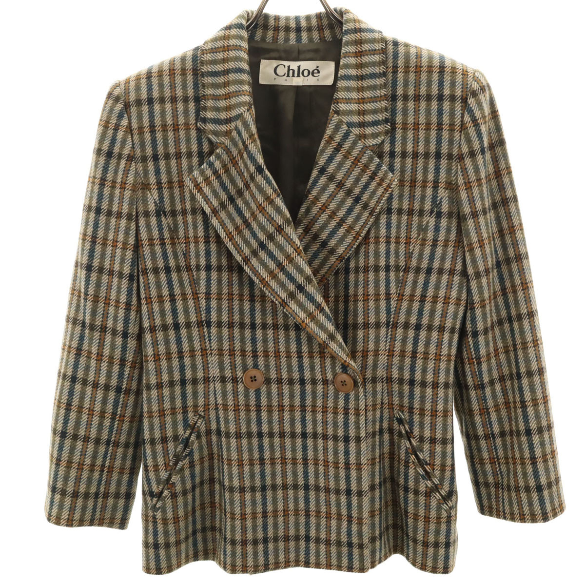 Chloe クロエ ウール チェック柄 テーラードジャケット 42 カーキ系 レディース拍卖