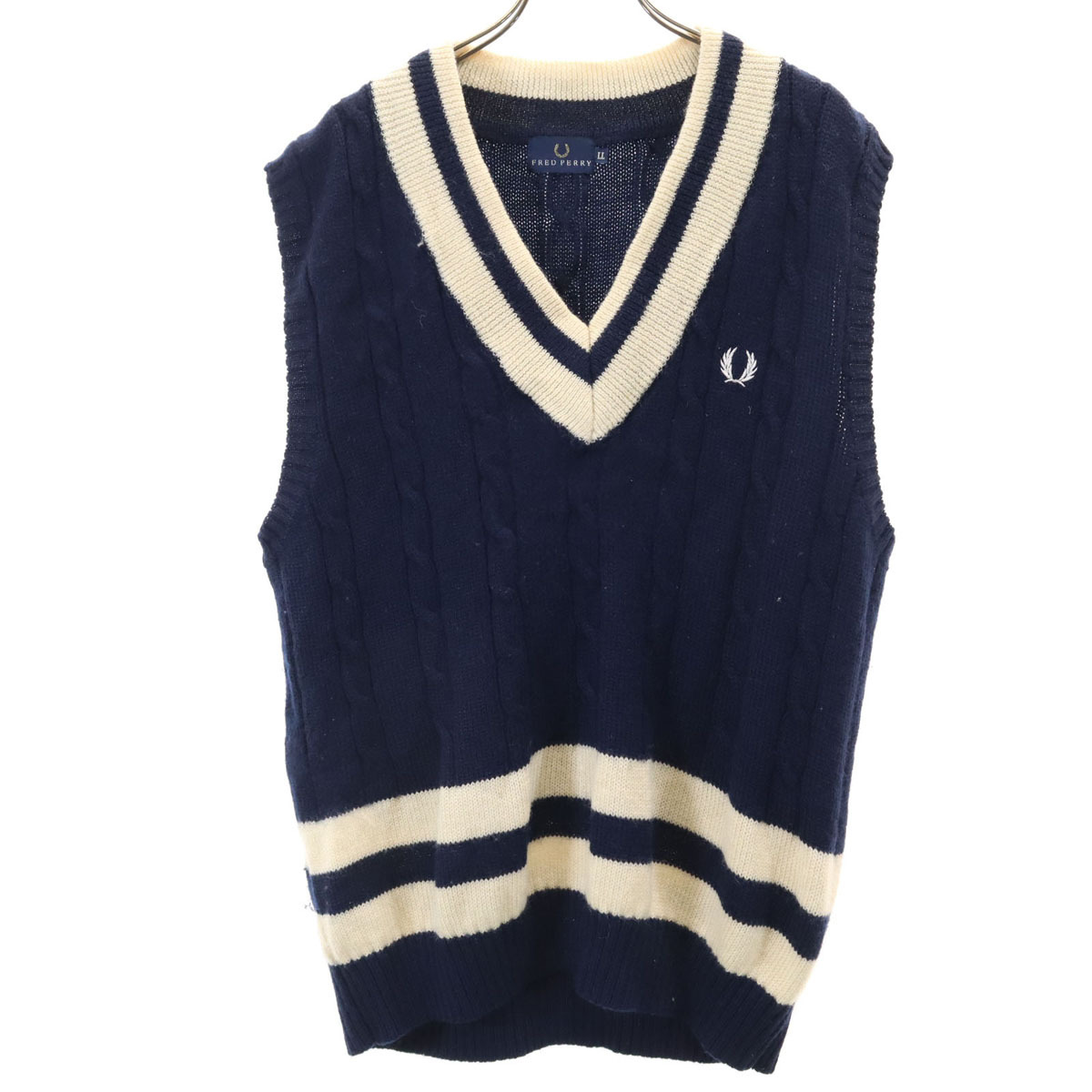 FRED PERRY フレッドペリー ウール100% ケーブル編み Vネック ニットベスト LL ネイビー メンズ拍卖