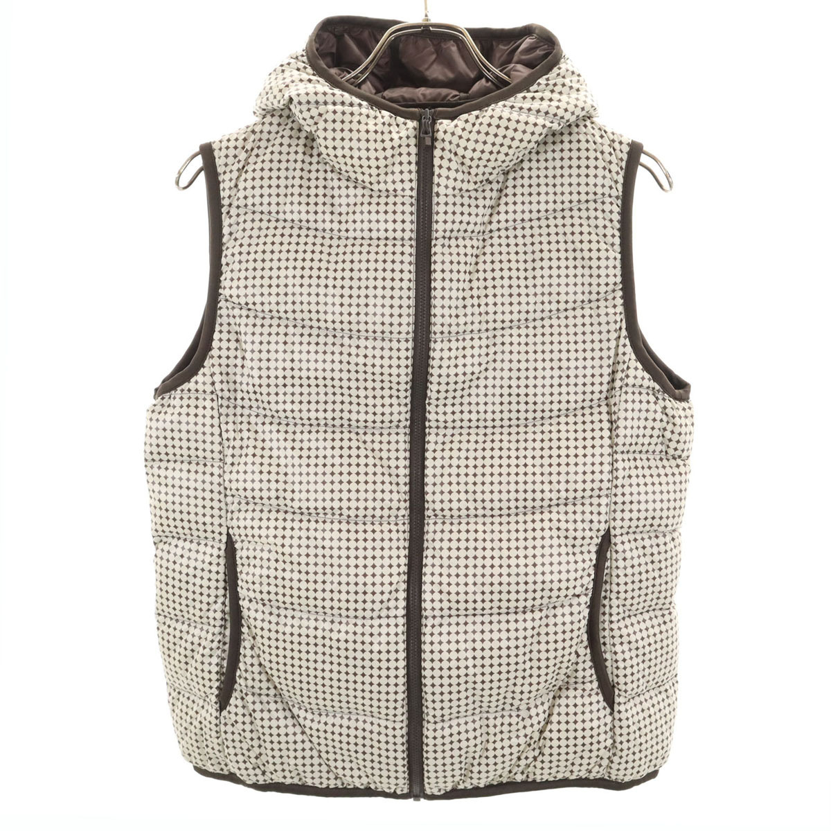 美品 UNIQLO ユニクロ 総柄 フーディー ウルトラライト ダウンベスト L グレージュ 収納袋付き レディース拍卖