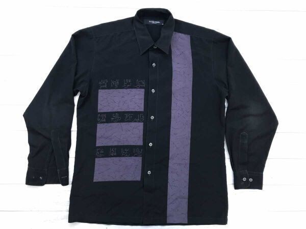 ボスピアーズ BOTH PIERS レトロ オールド 古着モード クラック模様 プリント 長袖ガラシャツ メンズ 薄手 ポリエステル100% M 黒紫拍卖