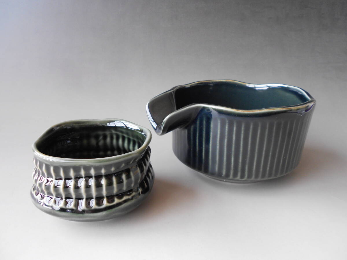 酒盃! 明泉窯 ☆嵯峨野織部片口酒器セット☆ Y3099 新品 ぐい呑 サカズキ 杯 盃 お猪口 徳利 片口酒器 美濃焼 ギフト拍卖