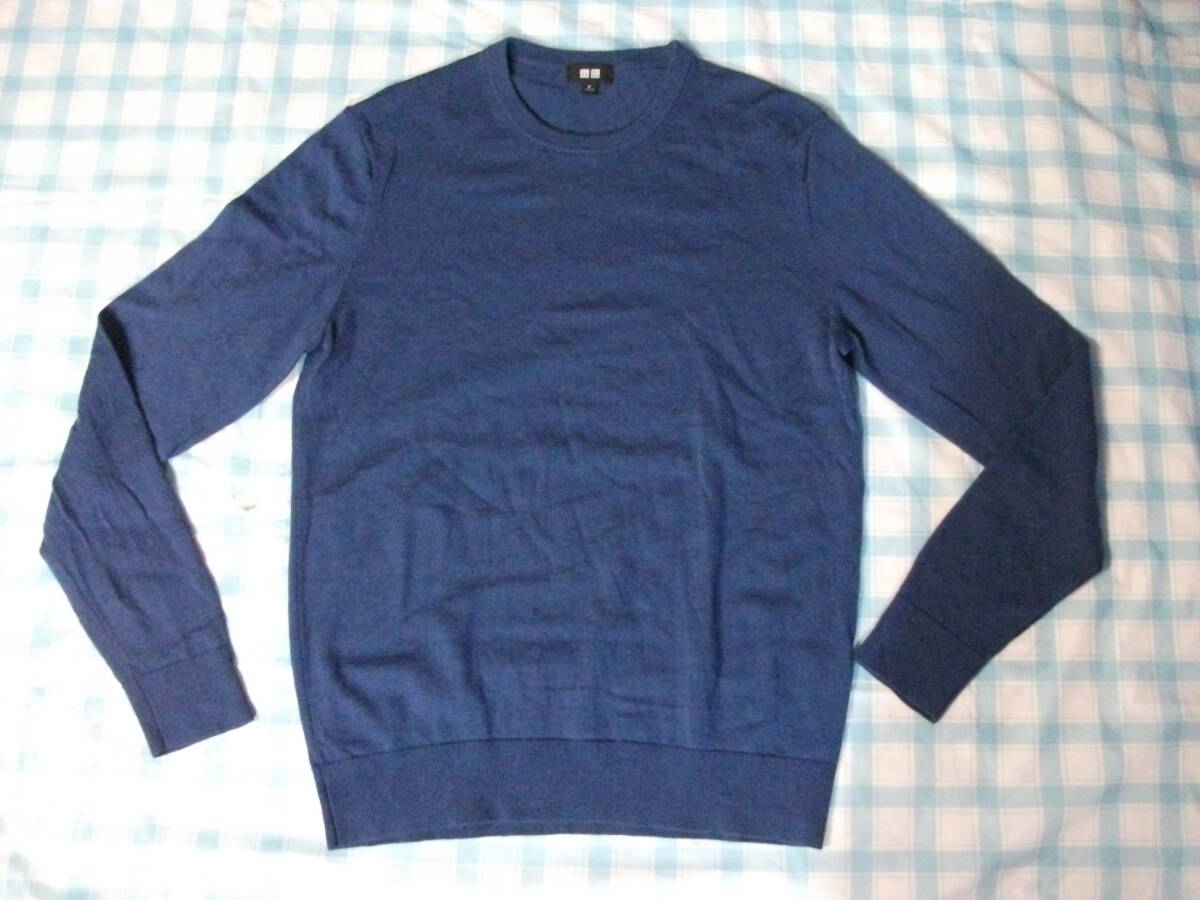 ユニクロ ウール100%丸首セーター ネイビー M 美品拍卖