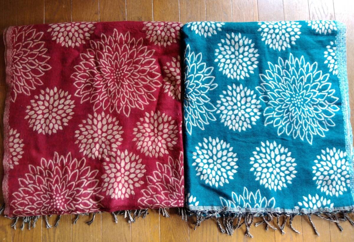 ◆A・I・C 青緑&エンジ 牡丹和柄風 大判ストール?マルチカバー?◆エスニック アジアン 野外フェス拍卖